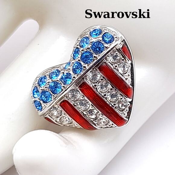 Signed Swan Swarovski Crystal American Flag Heart Patriotic USA July 4th - Picture 1 of 8